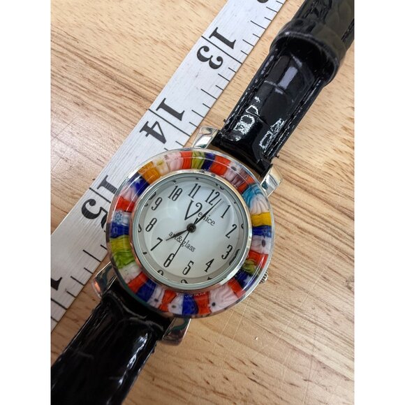 Venice Art Glass Watch With Multicolor Bezel & Black Leather Strap NOT TESTED - Picture 10 of 13